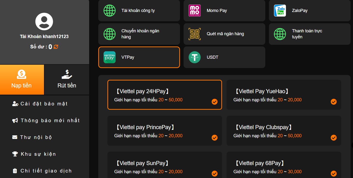 Nạp tiền qua Viettel Pay